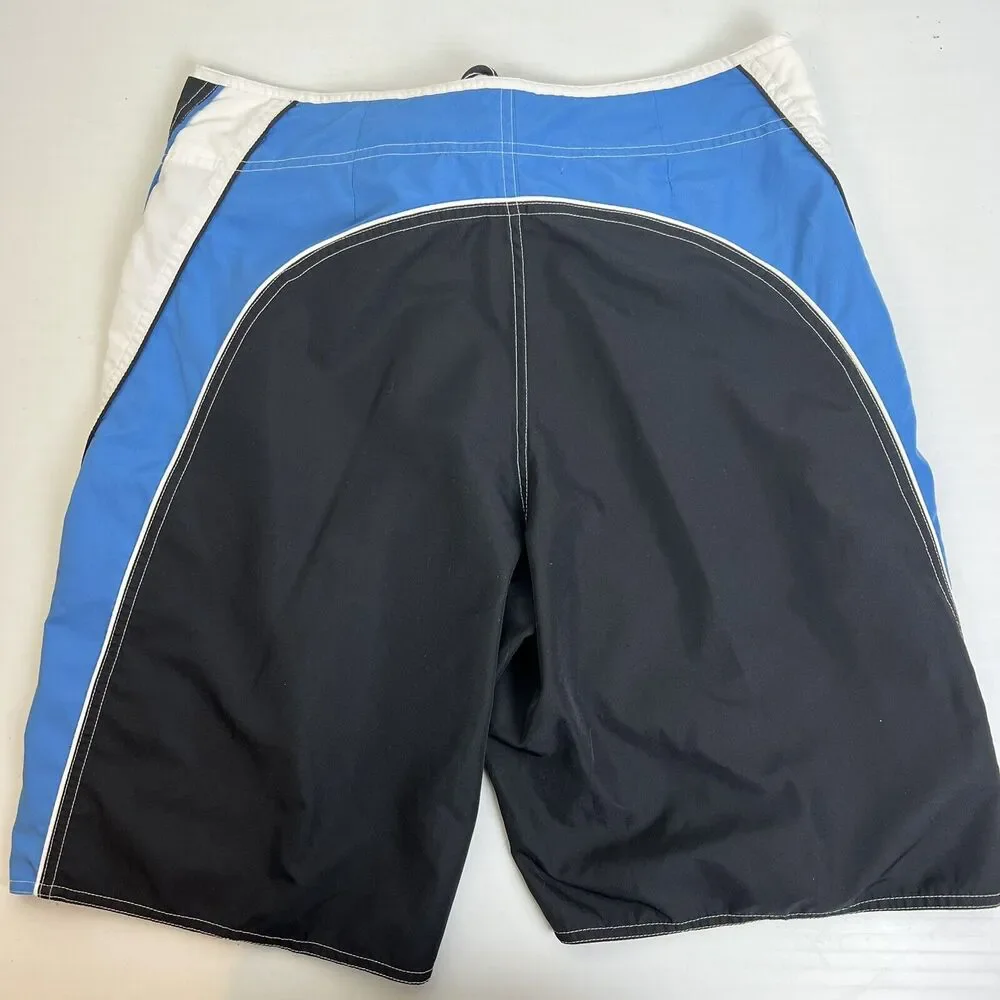 TYR Swim Trunks Men's 34 Navy/White/Blue Striped Drawstring Non-Lined Logo